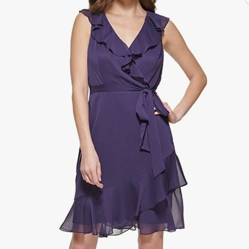 DKNY  Women's Faux Wrap Dress Ruffled Wrap Purple, Size 4
